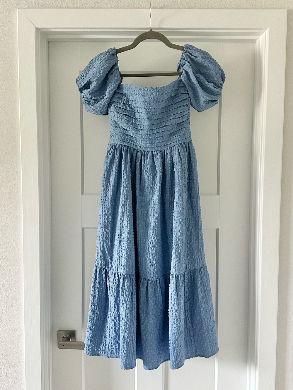 Abercrombie & Fitch Emerson Puff Sleeve Smocked Midi Dress Blue - XS